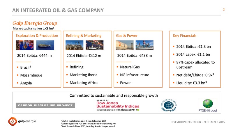 September 2015 Investor Presentation – Galp Energia – slide 2