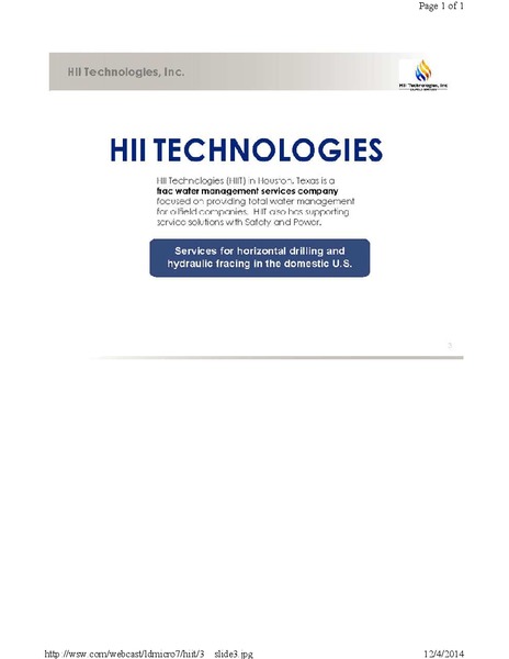 DECEMBER 2014 CORPORATE PRESENTATION – Hii Technologies Inc. – slide 3