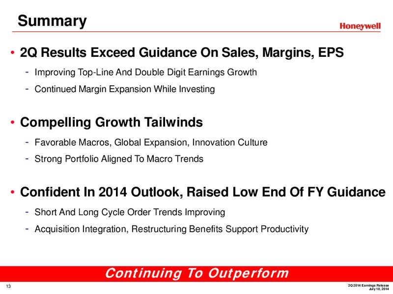 Second Quarter Earnings Release – Honeywell International Inc. – slide 12