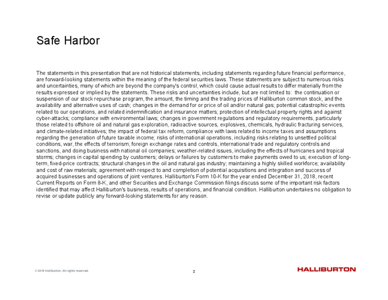 4Q 2018 Update – Halliburton – slide 2