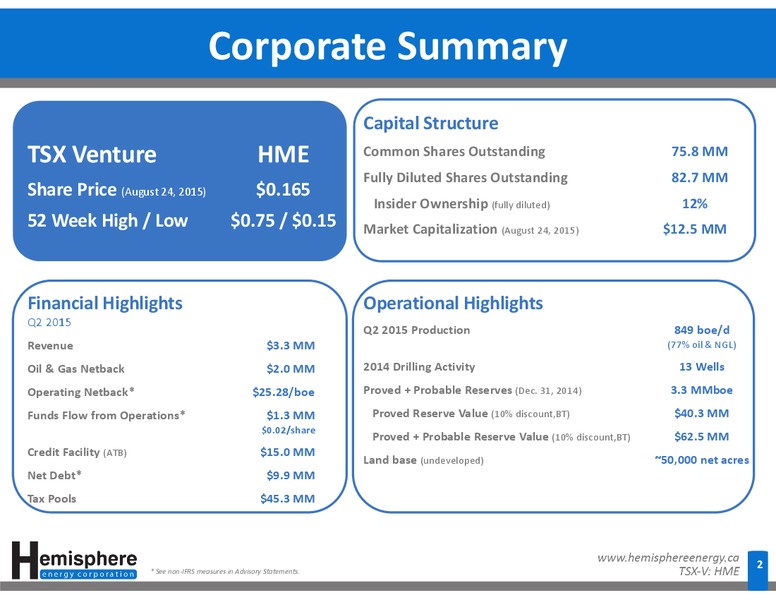 August 2015 Investor Presentation – Hemisphere Energy Corp – slide 2