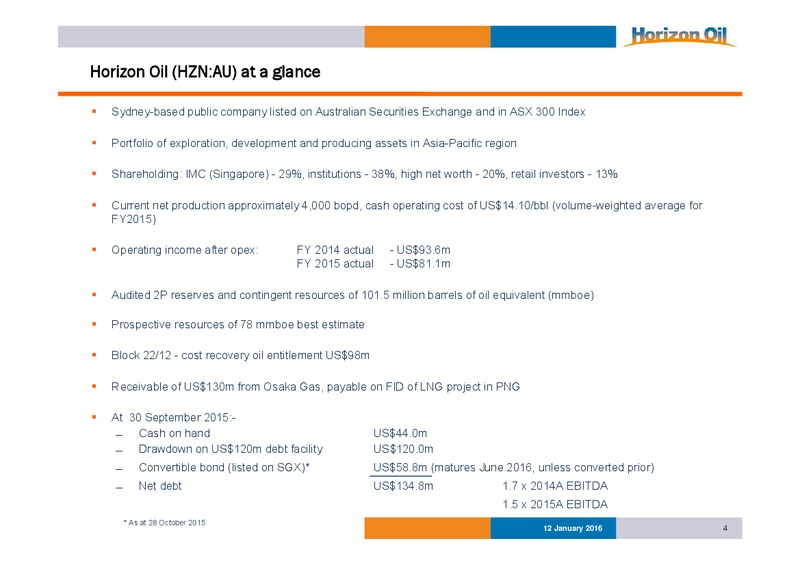 January 2016 Investor Presentation – Horizon Oil Ltd. – slide 3