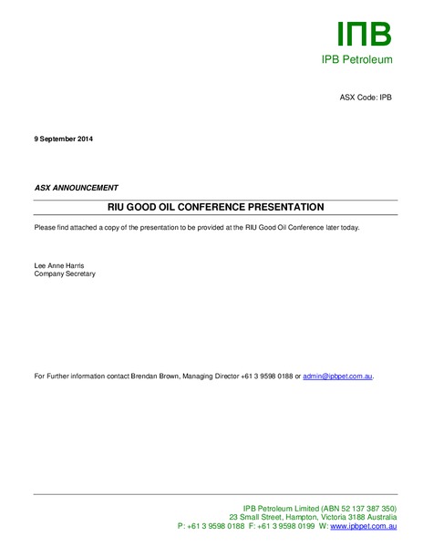 RIU GOOD OIL CONFERENCE – IPB Petroleum – slide 1