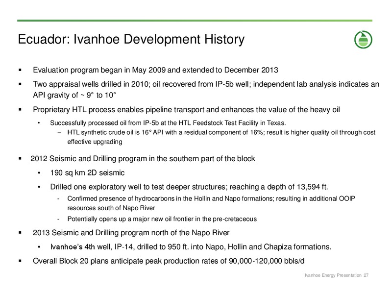 Corporate Presentation – Ivanhoe Energy, Inc. – slide 26