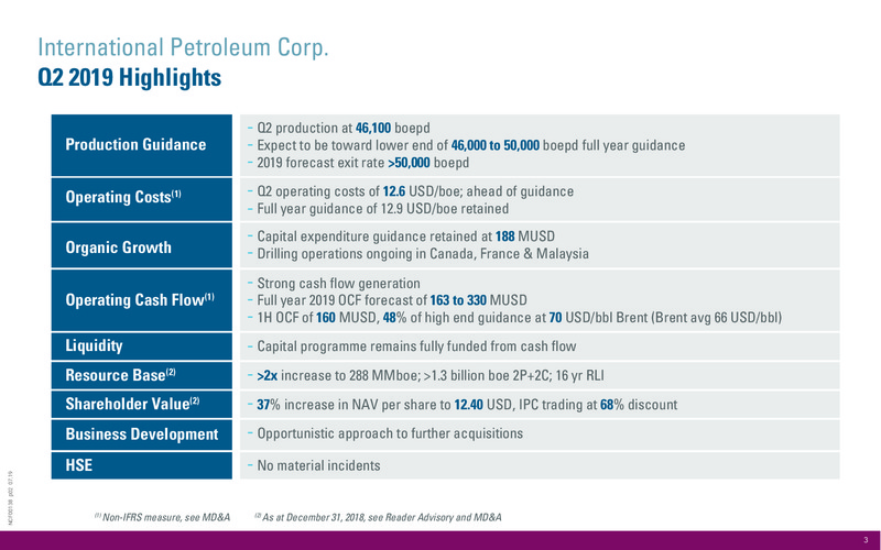 2Q 2019 Earnings Presentation – International Petroleum Corp. – slide 3