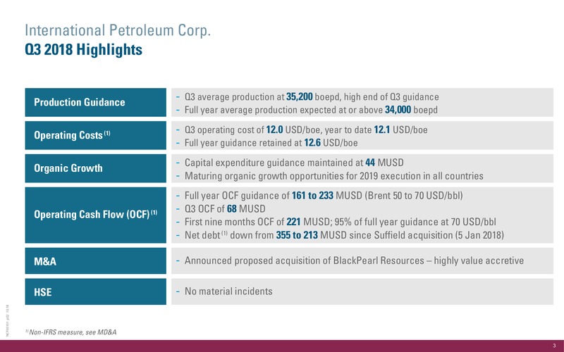 3Q 2018 Operations and Financial Update – International Petroleum Corp. – slide 3