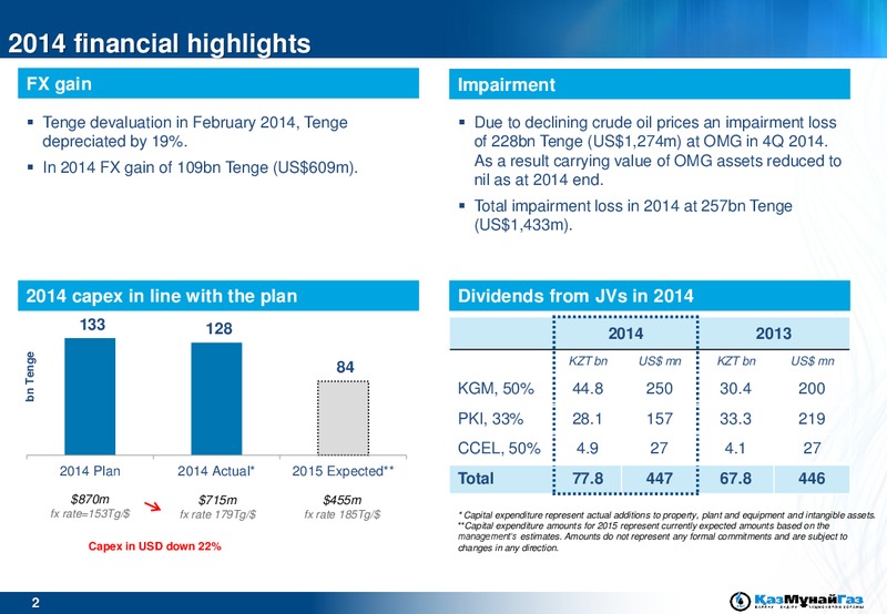 2014 EARNINGS CALL – Kazmunaigas Exploration Production – slide 2