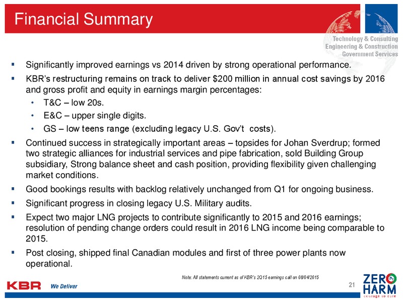 September 2015 Investor Presentation – Kbr, Inc. – slide 20