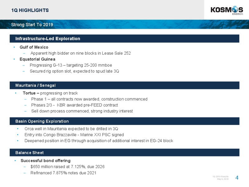 1Q 2019 Earnings Presentation – Kosmos Energy – slide 4