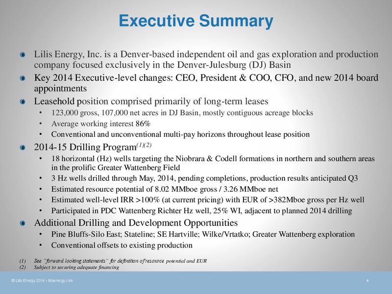 CORPORATE PRESENTATION – Lilis Energy Inc. – slide 3
