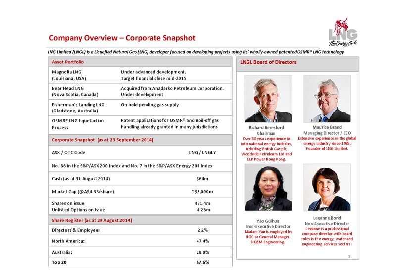 Shareholder Presentations – LNG Limited – slide 3