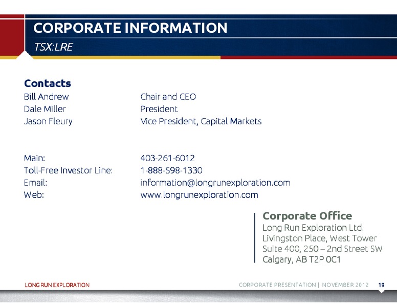 NOVEMBER 2012 CORPORATE PRESENTATION – Long Run Exploration Ltd. – slide 20
