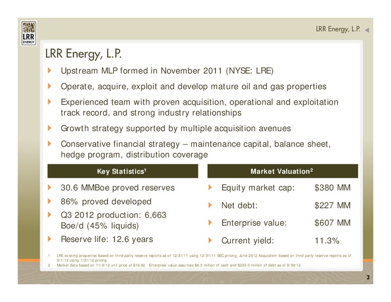 NOVEMBER 2012 INVESTOR PRESENATION – LRR Energy LP – slide 3