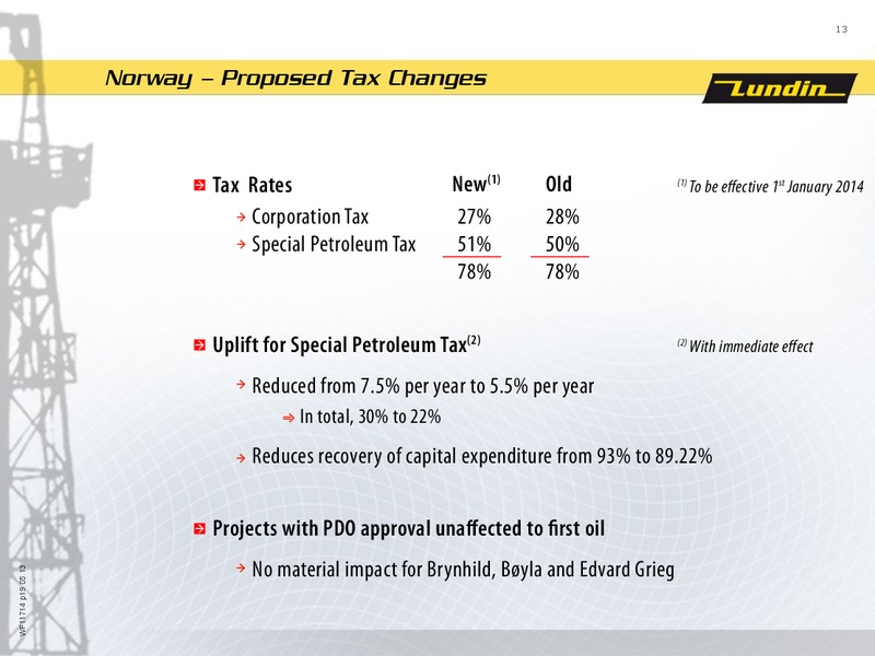 FINANCIAL PRESENTATION – Lundin Petroleum – slide 13
