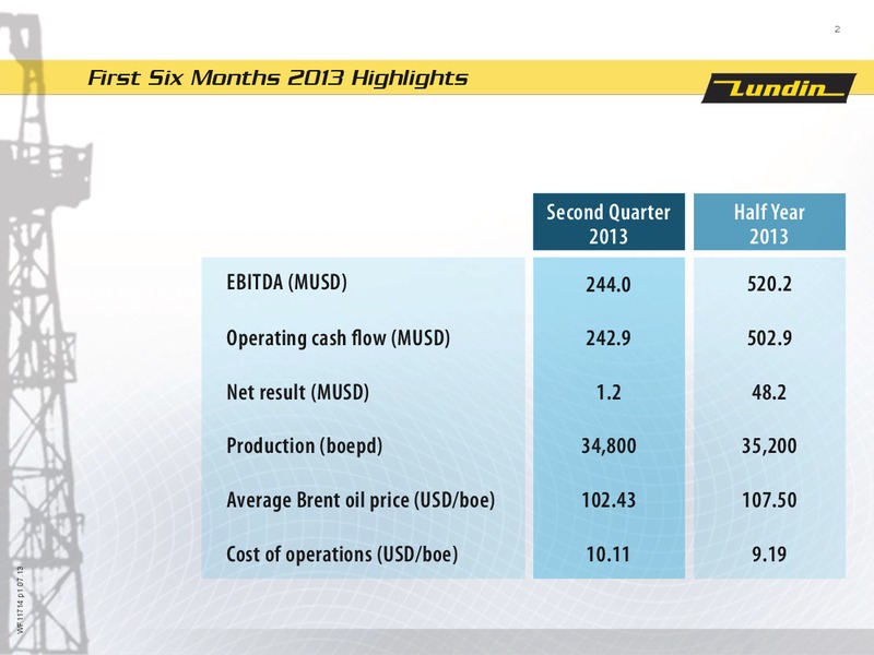 First Six Months 2013 – Lundin Petroleum – slide 2