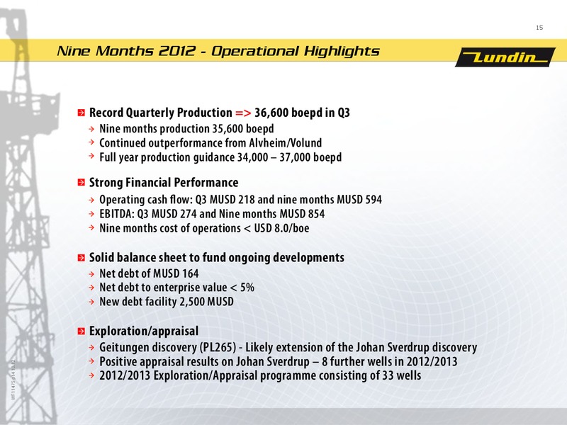First Nine Month 2012 – Lundin Petroleum – slide 15