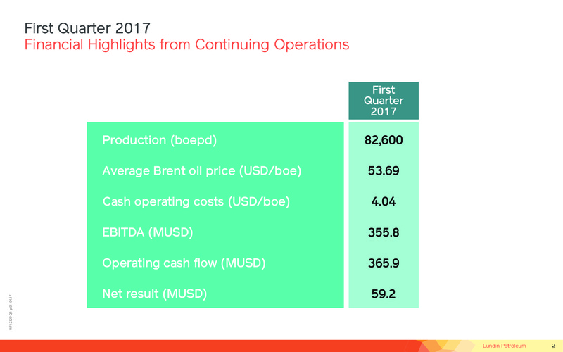 2017 First Quarter Financial Presentation – Lundin Petroleum – slide 2