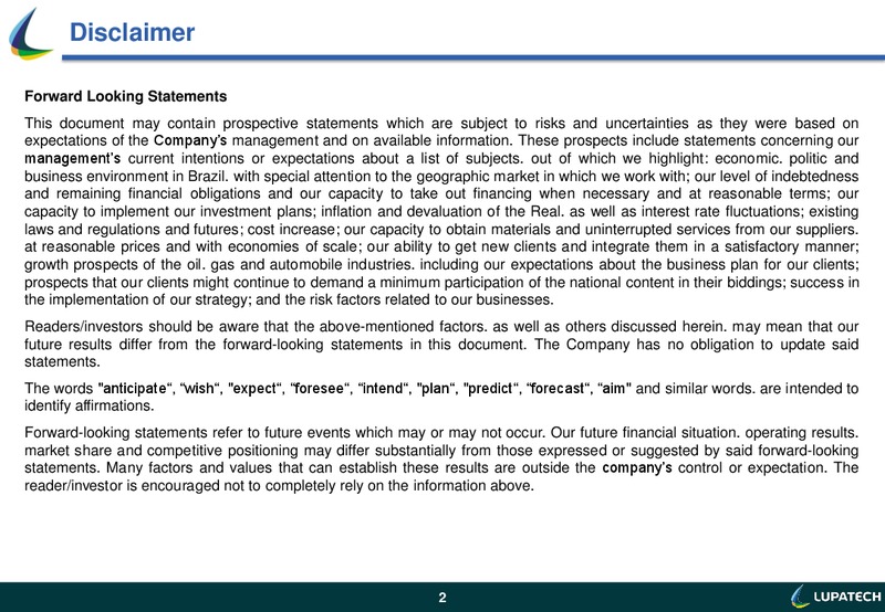 Q3 2012 EARNINGS CALL – Lupatech S.A – slide 2