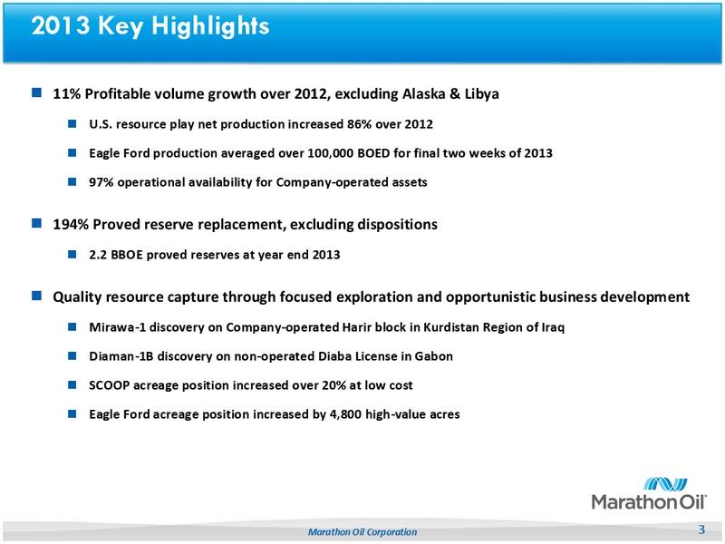 Fourth Quarter 2013 Earnings Review – Marathon Oil Corp – slide 2