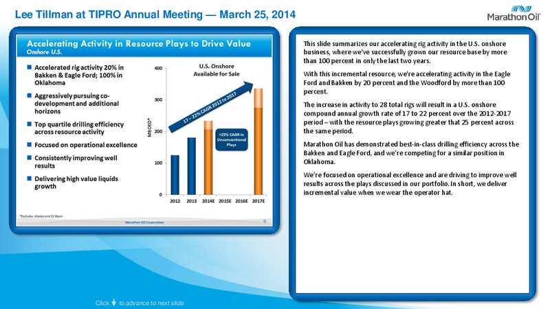 Lee Tillman at Tipro Annual Meeting – Marathon Oil Corp – slide 9