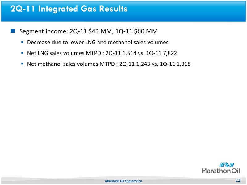 2Q 2011 EARNINGS CALL – Marathon Oil Corp – slide 12