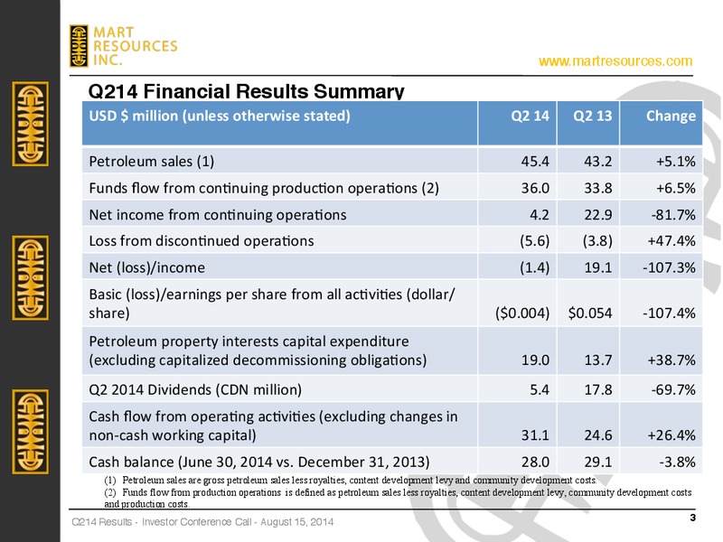 Q2 2014 EARNINGS CALL – Mart Resources Inc – slide 2