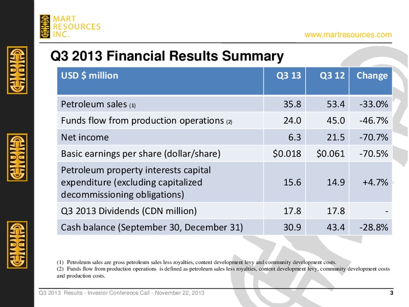 Q3 2013 EARNINGS CALL – Mart Resources Inc – slide 2