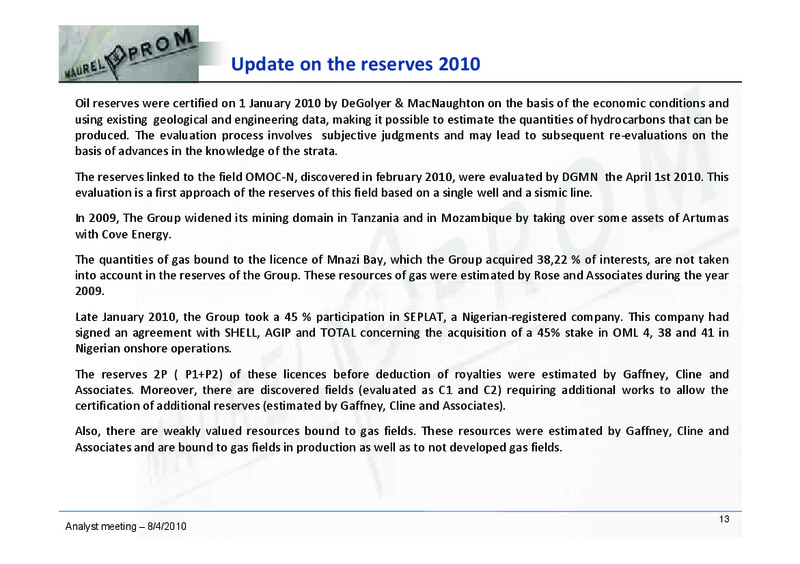 2010 FULL YEAR RESULTS PRESENTATION – Maurel Et Prom – slide 13