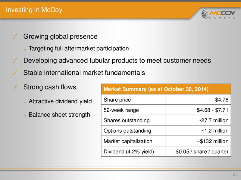 NOVEMBER 2014 INVESTOR PRESENTATION – Mccoy Global – slide 20