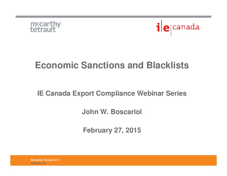 IE Canada Export Compliance Webinar Series – Mc Carthy Tetrault – slide 1