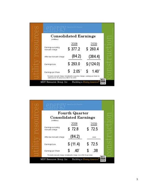 2009 EARNINGS CALL – MDU Resources Group Inc. – slide 2