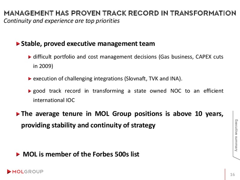 INVESTOR PRESENTATION – Mol Group – slide 16
