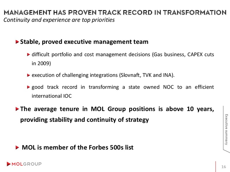 INVESTOR PRESENTATION – Mol Group – slide 16