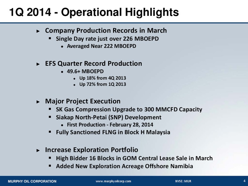 FIRST QUARTER 2014 EARNINGS CONFERENCE CALL – Murphy Oil Corp – slide 3