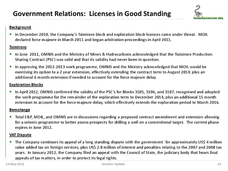 MANAGEMENT UPDATE – Madagascar Oil – slide 9