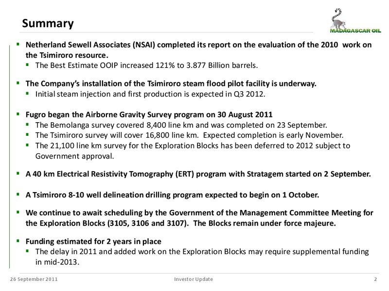 SEPTEMBER 2011 INVESTOR PRESENTATION – Madagascar Oil – slide 1