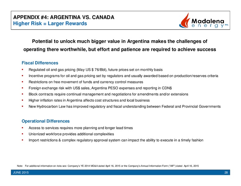 June 2015 Investor Presentation – Madalena Energy Inc. – slide 27