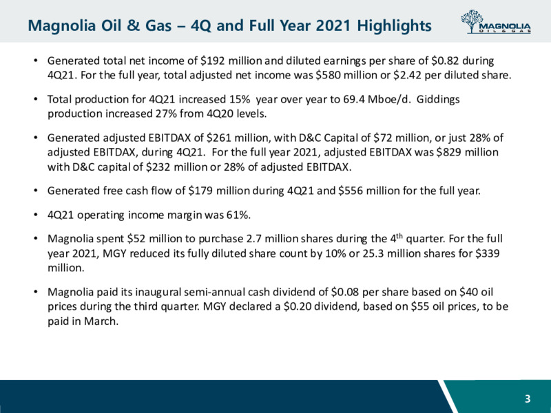 4Q 2021 Earnings Presentation – Magnolia Oil & Gas – slide 2