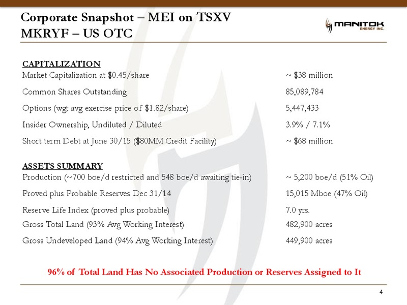 September 2015 Investor Presentation – Manitok Energy Inc. – slide 2