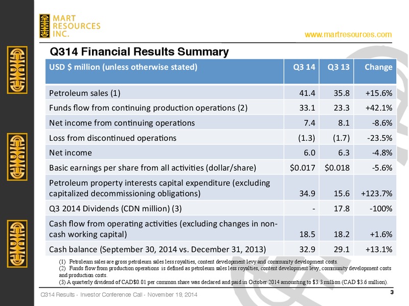NOVEMBER 2014 CONFERENCE CALL – Mart Resources Inc – slide 2