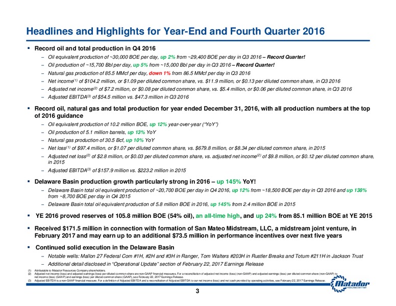 Q4 and FY 2016 Earnings Presentation – Matador Resources Company – slide 2