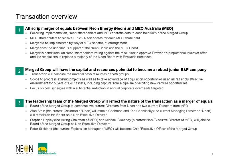 Neon Energy and MEO Australia proposed merger – Meo Australia Ltd. – slide 2