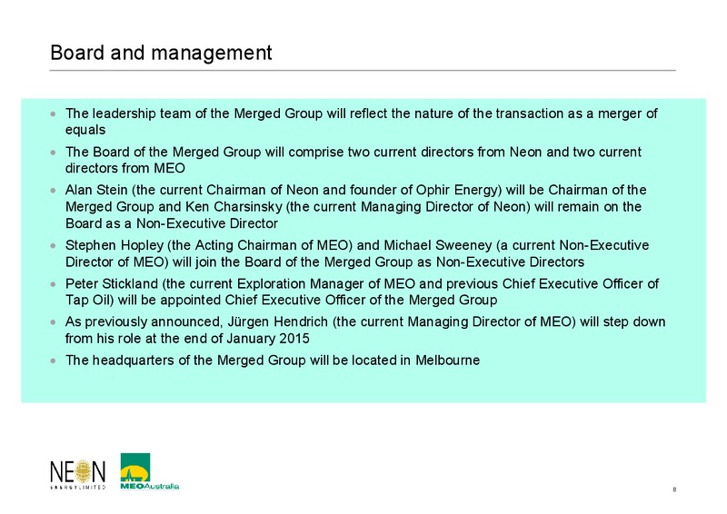 Neon Energy and MEO Australia proposed merger – Meo Australia Ltd. – slide 8