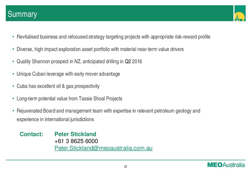 November 2015 Investor Presentation – Meo Australia Ltd. – slide 22