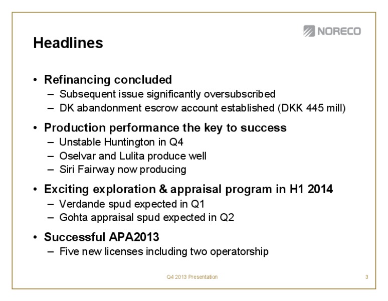 Fourth quarter 2013 – Noreco – slide 3