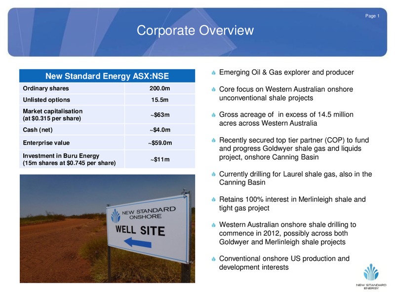 OCTOBER 2011 INVESTOR PRESENTATION – New Standard Energy – slide 2
