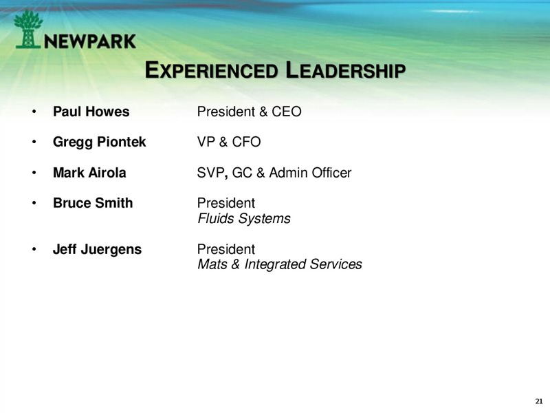 September 2015 Investor Presentation – Newpark Resources Inc. – slide 20