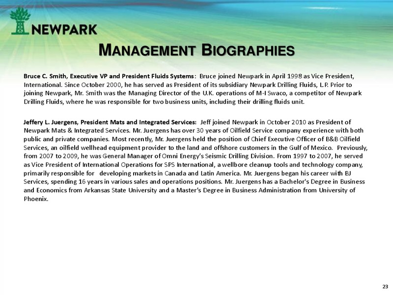 Corporate Presentation September 2015 – Newpark Resources Inc. – slide 22