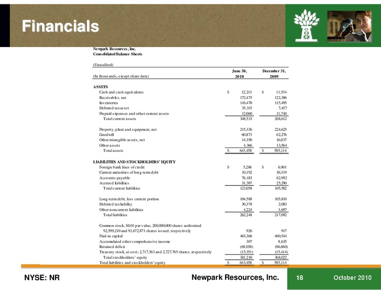 Q3 2010 EARNINGS CALL – Newpark Resources Inc. – slide 17