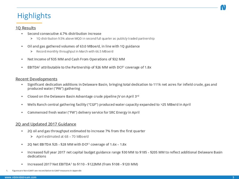 2017 First Quarter Earnings Call – Noble Midstream Partners LP – slide 2